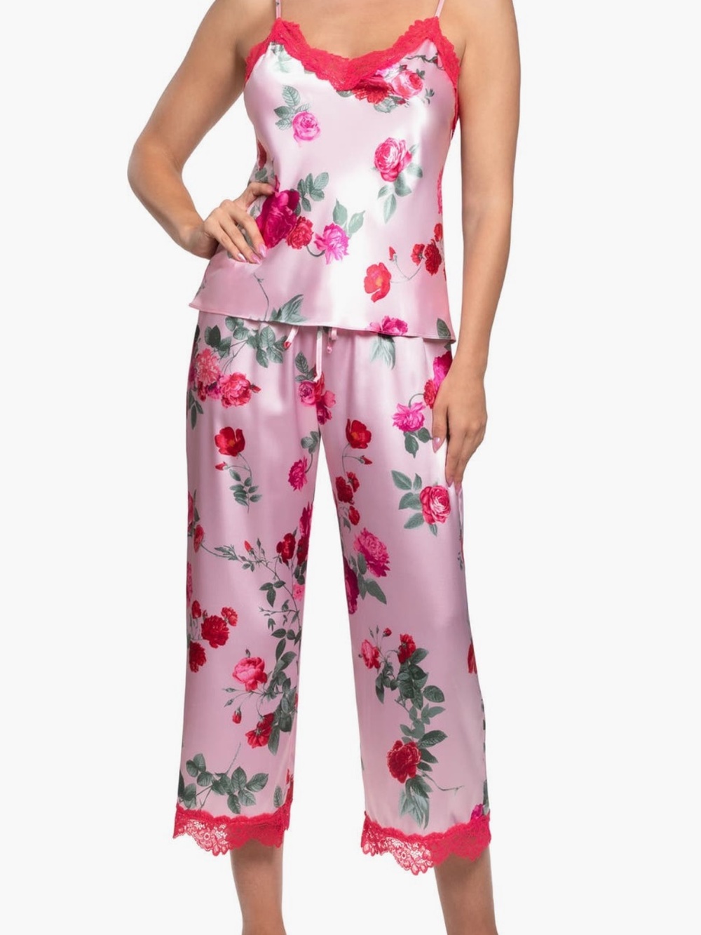 Jonquil In Bloom Floral Pink Satin Camisole & Cropped Pajama Set NWT Sz M Nordst